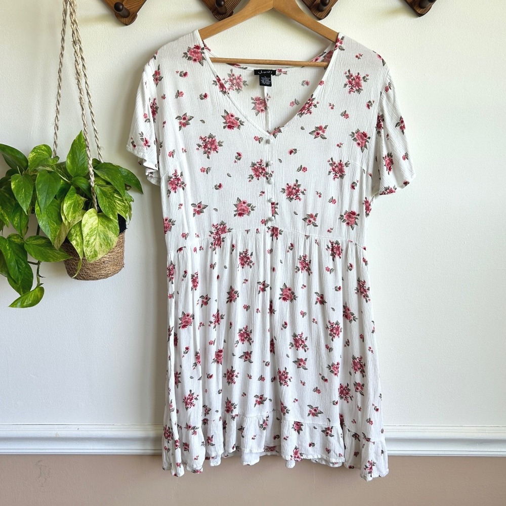 Justify‎ Womens White Pink Floral Rayon Babydoll Mini Dress Size L V-Neck Ruffle